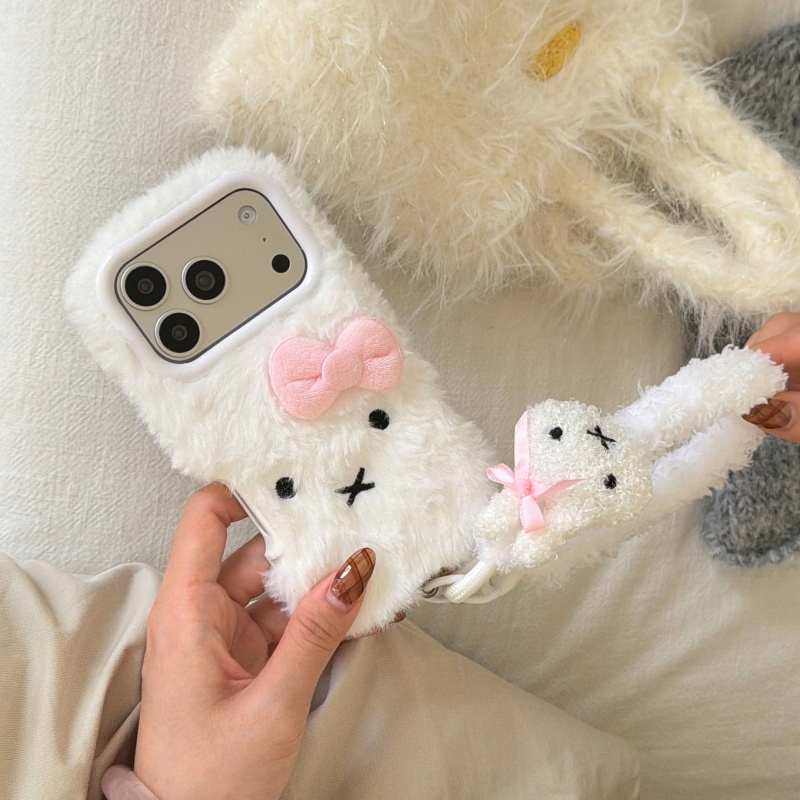 Cute Cartoon Wrist Strap Silicone Case - Leuke cartoon Wit Pluizig bont Nijntje