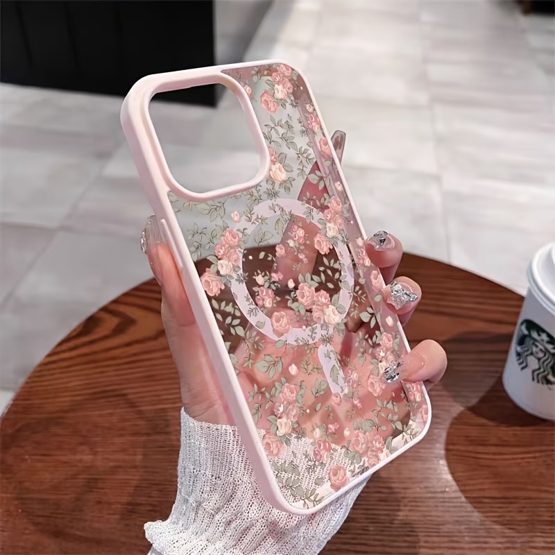 Clear Shockproof Bumper Case - Roze Kleine Rozen Transparante Magnetische Telefoonhoes